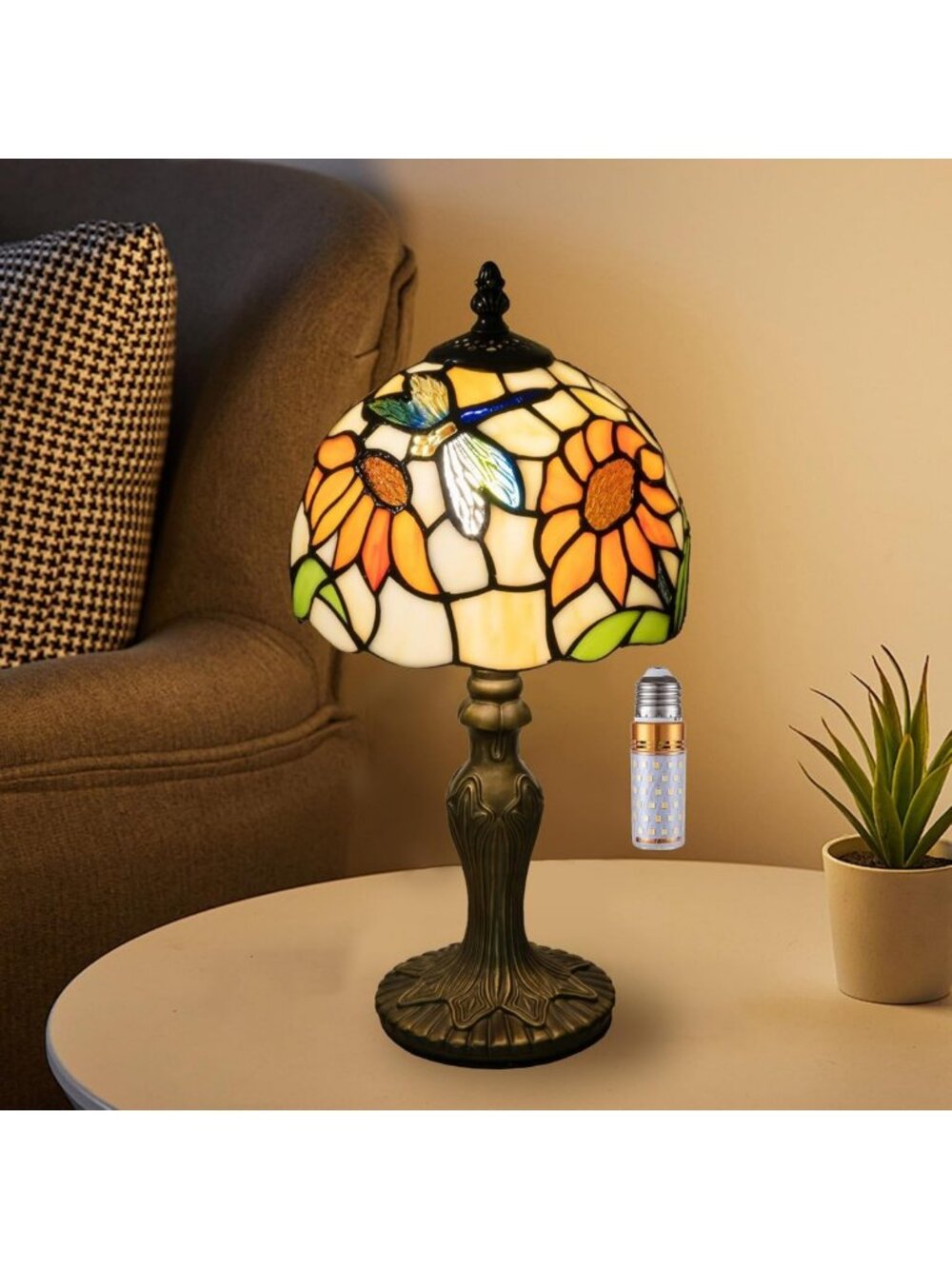 Handcrafted Sunflower Stained Glass Table Lamp, 3 Color-Temperature, 8 Inch Home